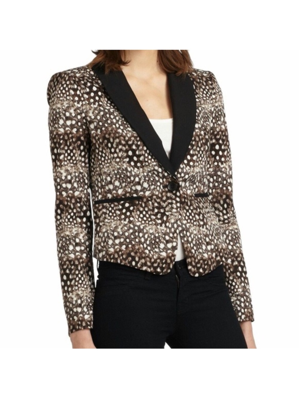 BCBGMAXAZRIA Bowie Animal Feather Print Tuxedo Blazer Jacket L